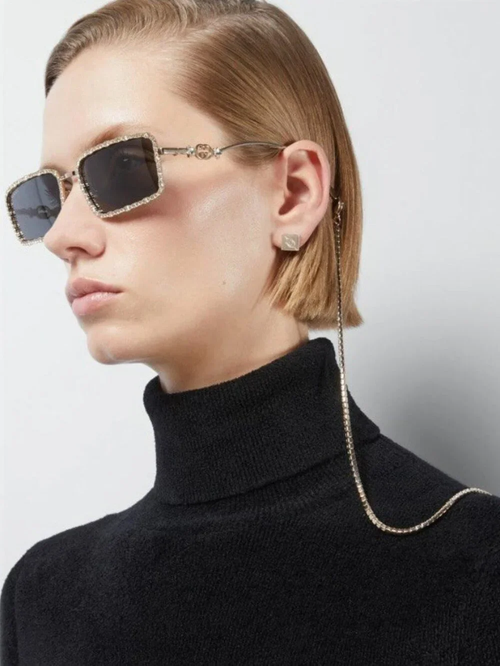 Gucci GG1568S 002 Rectangle Sunglasses - Gold with Gold Chain